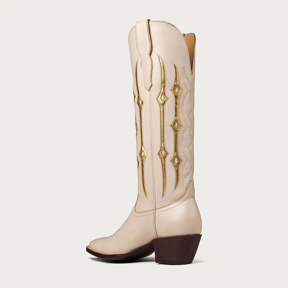Beige Closed Toe Patchwork Embroidered Western Boots for Women