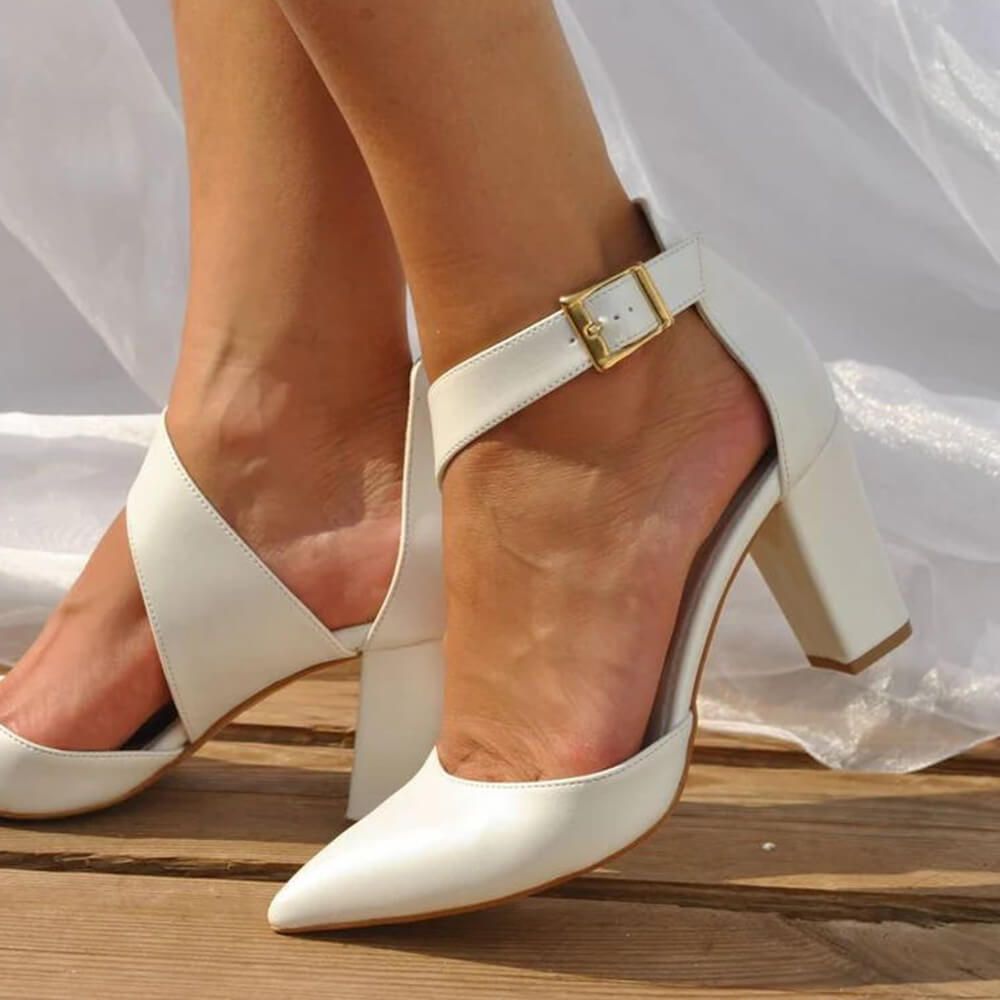 Elegant White Pointed Toe Buckle Strap Cut Out Block Heel Pumps