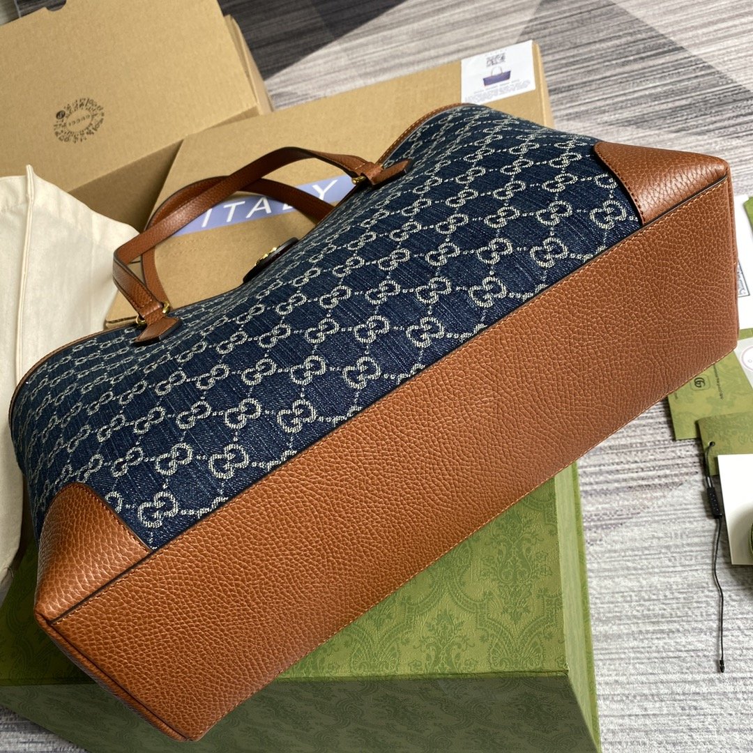 gg Ophidia gg Medium Tote Dark Blue And Ivory Eco Washed Organic gg Jacquard Denim For Women 15in/38cm gg 631685 2KQgg 8375