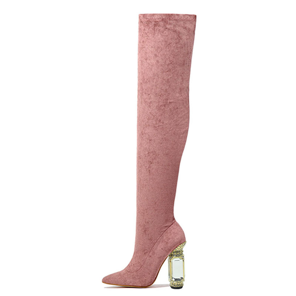 Dusty Rose Vegan Suede Pointed Toe Decorative Heel Thigh High Boots