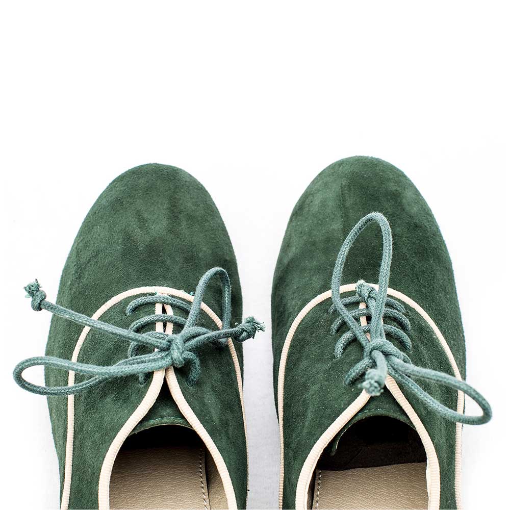 Dark Green Faux Suede Round Toe Chunky Heel Lace-Up Oxford Shoes