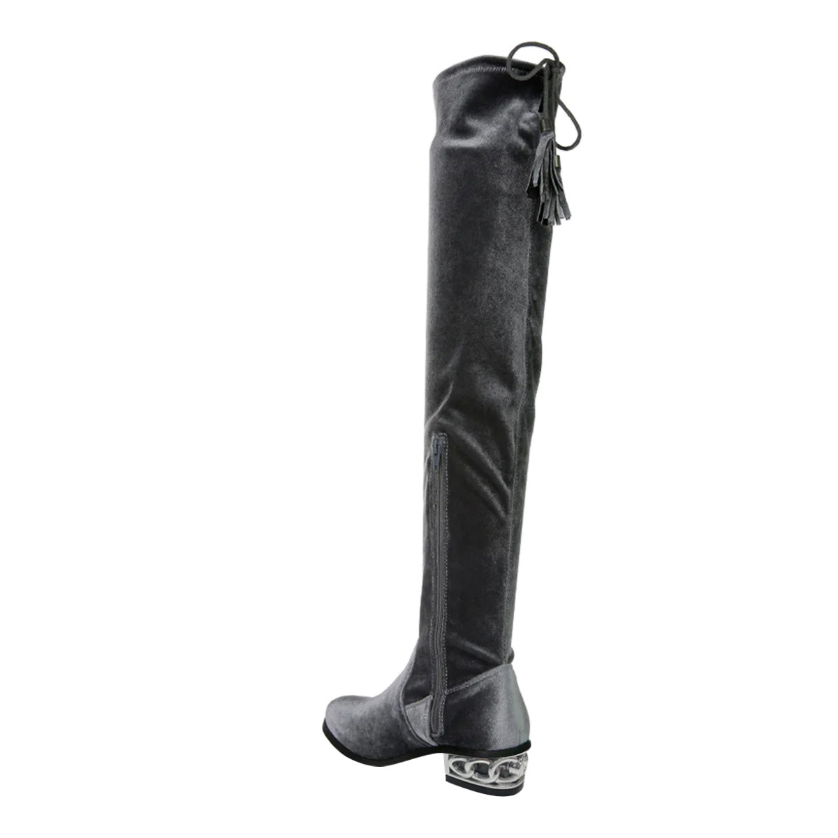 Deep Grey Round Toe Decorative Heel Fringe Tie Long Boots with Zipper