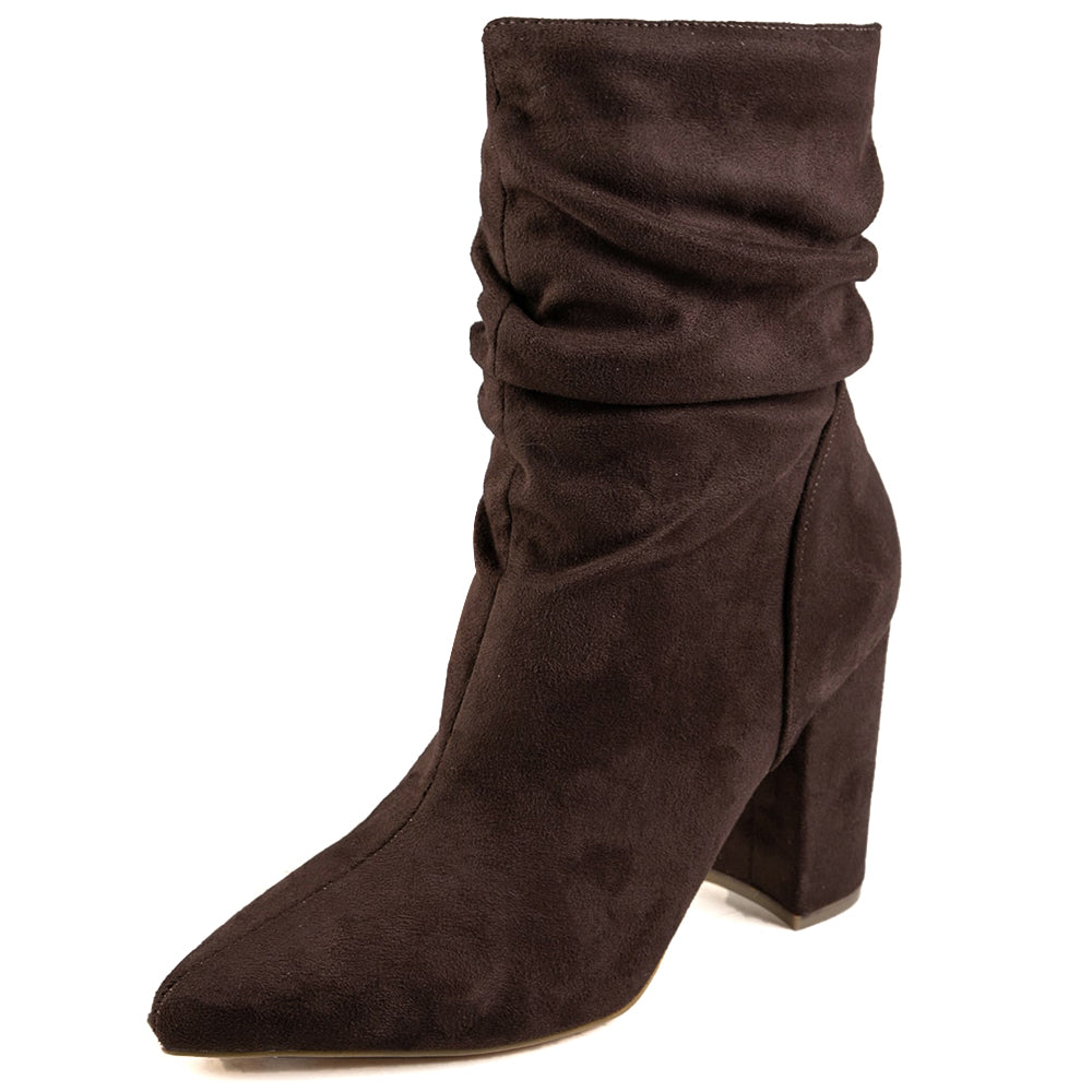 Dark Brown Vegan Suede Pointed Toe Pleated Design Heeled Ankle Boots