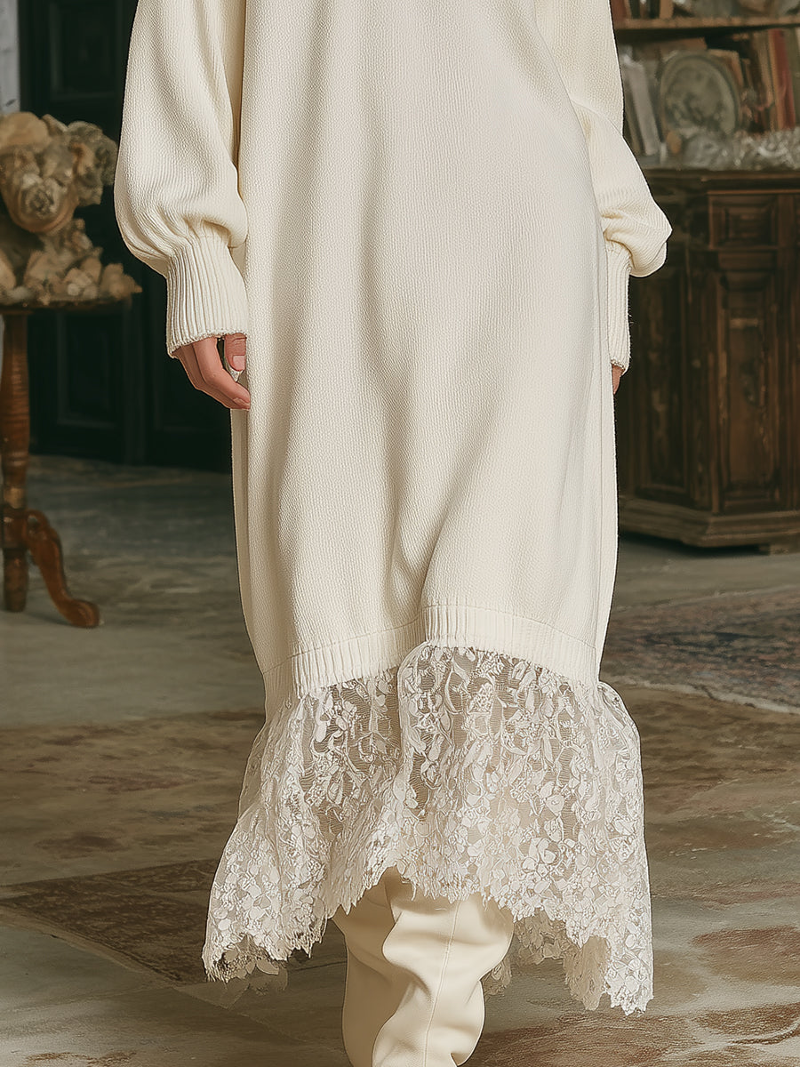 Elegant And Romantic Lotus Leaf Collar Lace Stitching White Knitted Maxi Dress