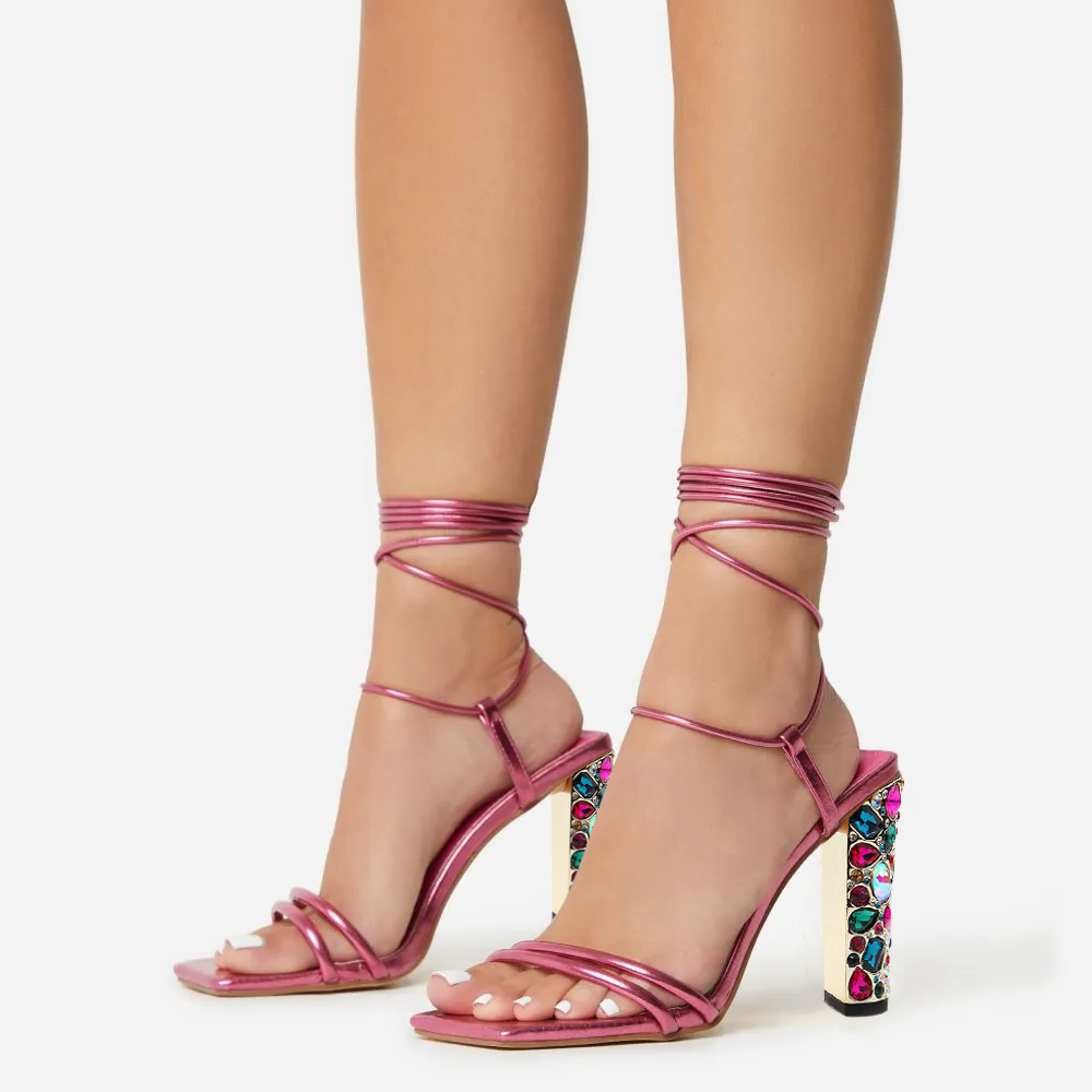 Fuchsia Metallic Finish Square Toe Decorative Heel Lace Up Sandals