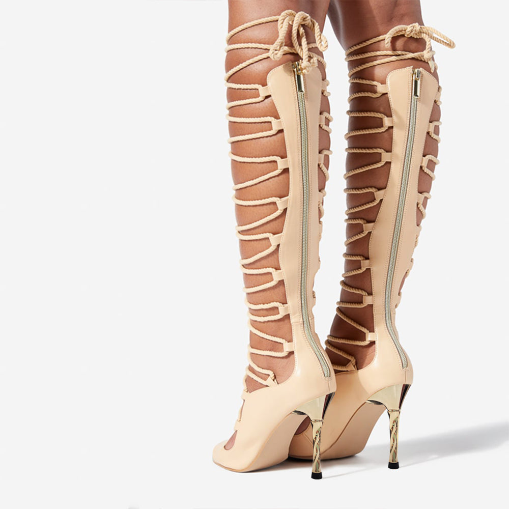 Beige Open Toe 4'' Stiletto Heel Lace Up Gladiator Sandals