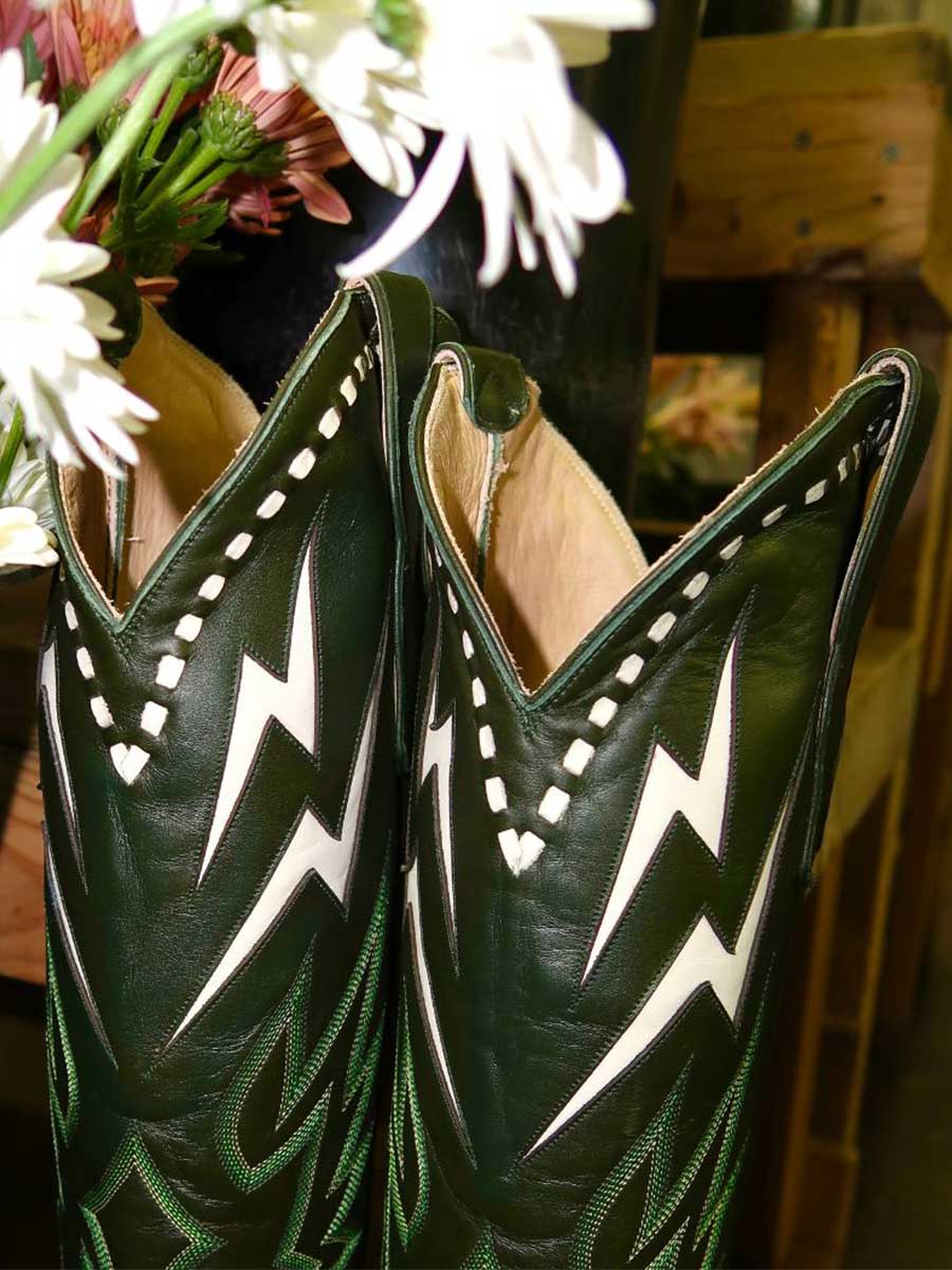 Dark Green Chunky Heel White Lightning Inlay Knee High Cowgirl Boots