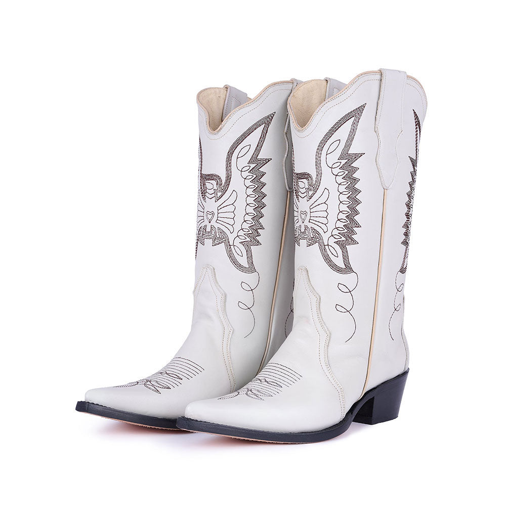 Embroidered Mid-Calf Snip Toe White Western Boots for Women