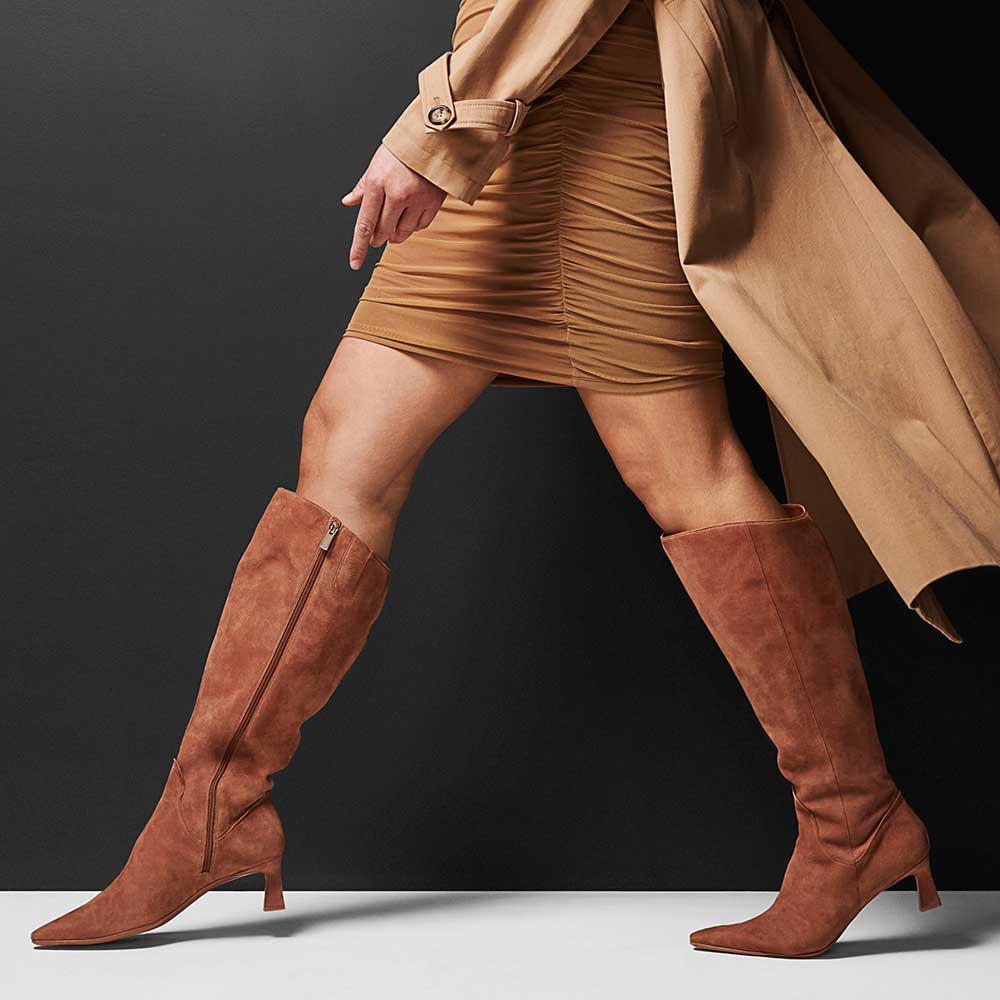 Beige Faux Suede Closed Toe Knee Kitten Heel Fall Boots for Women
