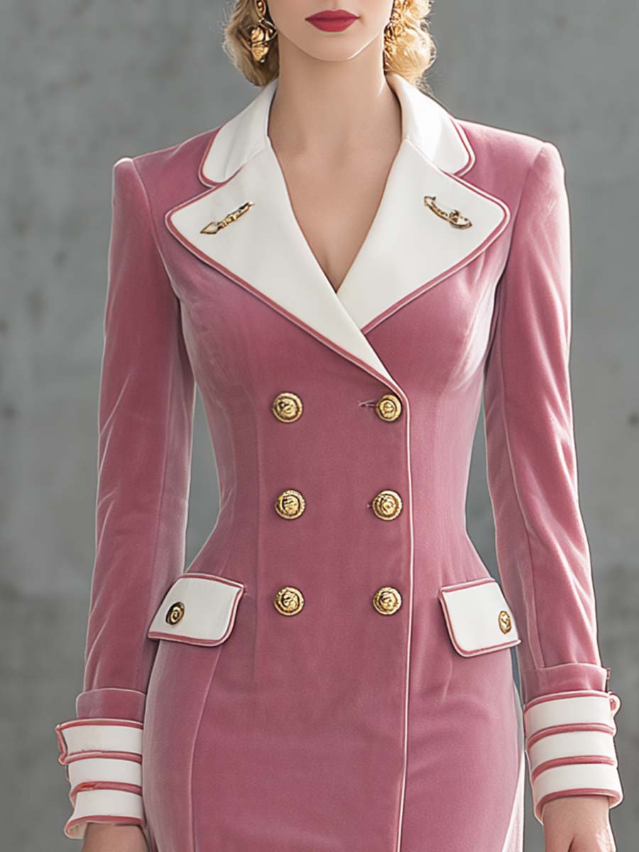 Elegant Vintage Exquisite Contrast Lapel Double-breasted Light Pink Velvet Midi Dress