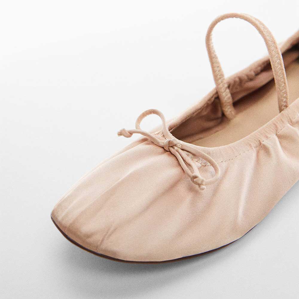 Beige Satin Round Toe Bow-Tie Slip-On Ballet Flat Shoes with Strap