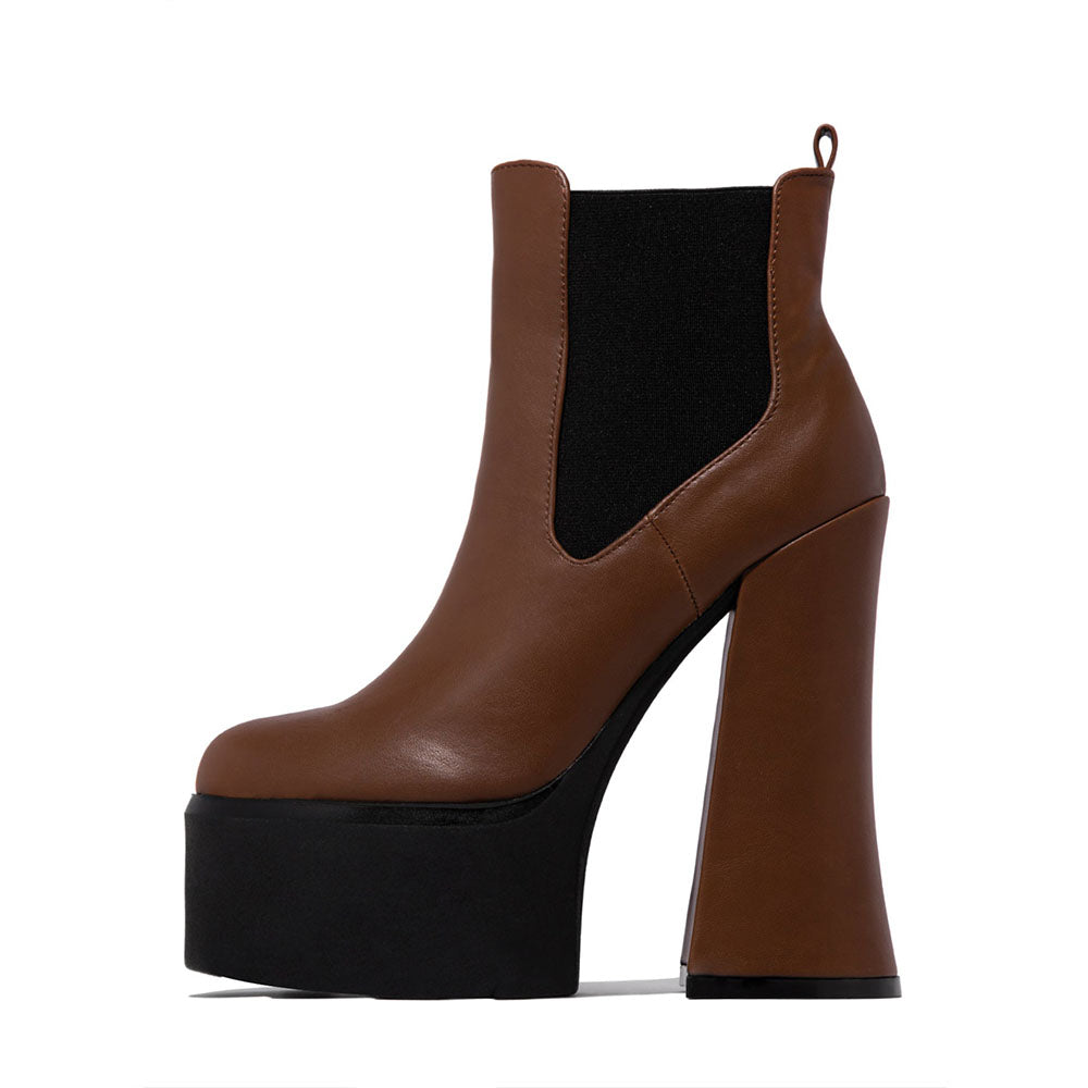 Dark Brown Round Toe Platform Chelsea Ankle Boots with Chunky Heel