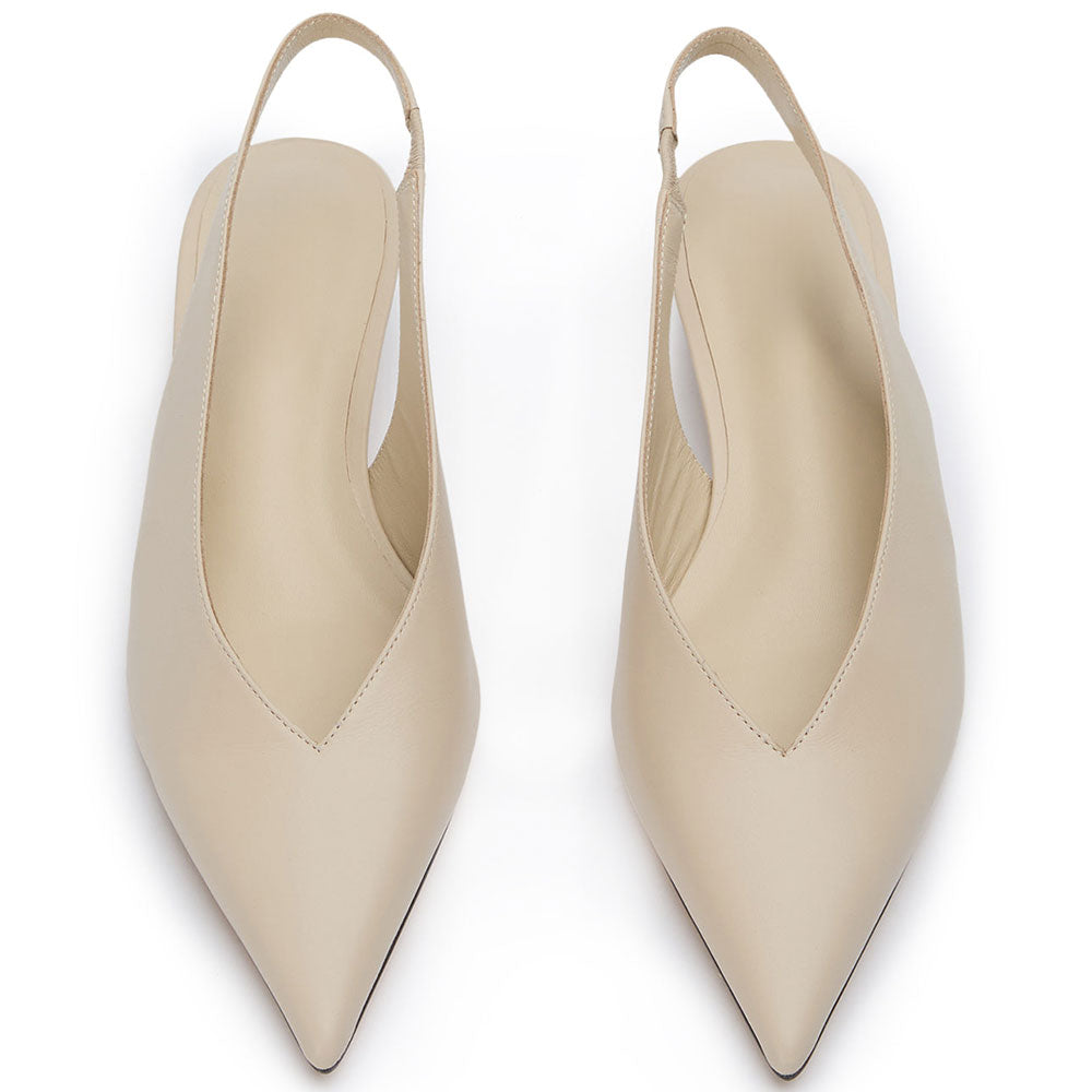 Beige Vegan Leather Pointed Toe Kitten Heel Slingback Pumps Shoes
