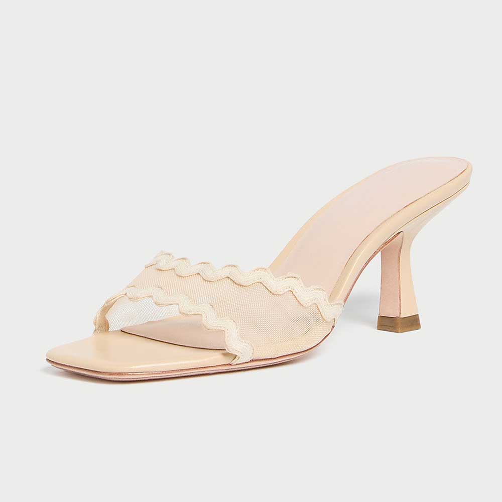 Beige Mesh Open Square Toe Wave Edge Heeled Mules Sandals