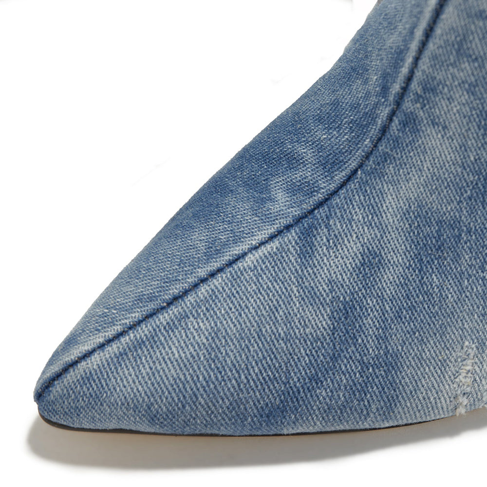 Distressed Denim Pointed Toe Stiletto Heel Ankle Boots in Blue