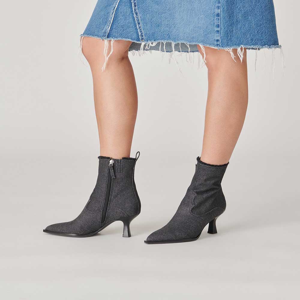 Denim Black Pointed Side-Zip Ankle Boots for Women