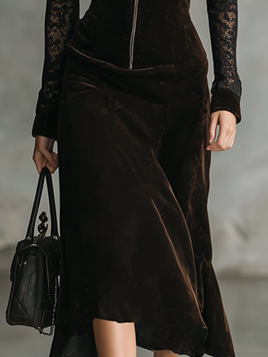 Elegant Retro Dark Brown Velvet Stitching Lace Long-sleeved Maxi Dress