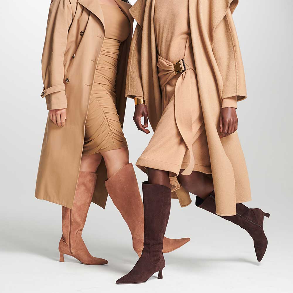 Beige Faux Suede Closed Toe Knee Kitten Heel Fall Boots for Women