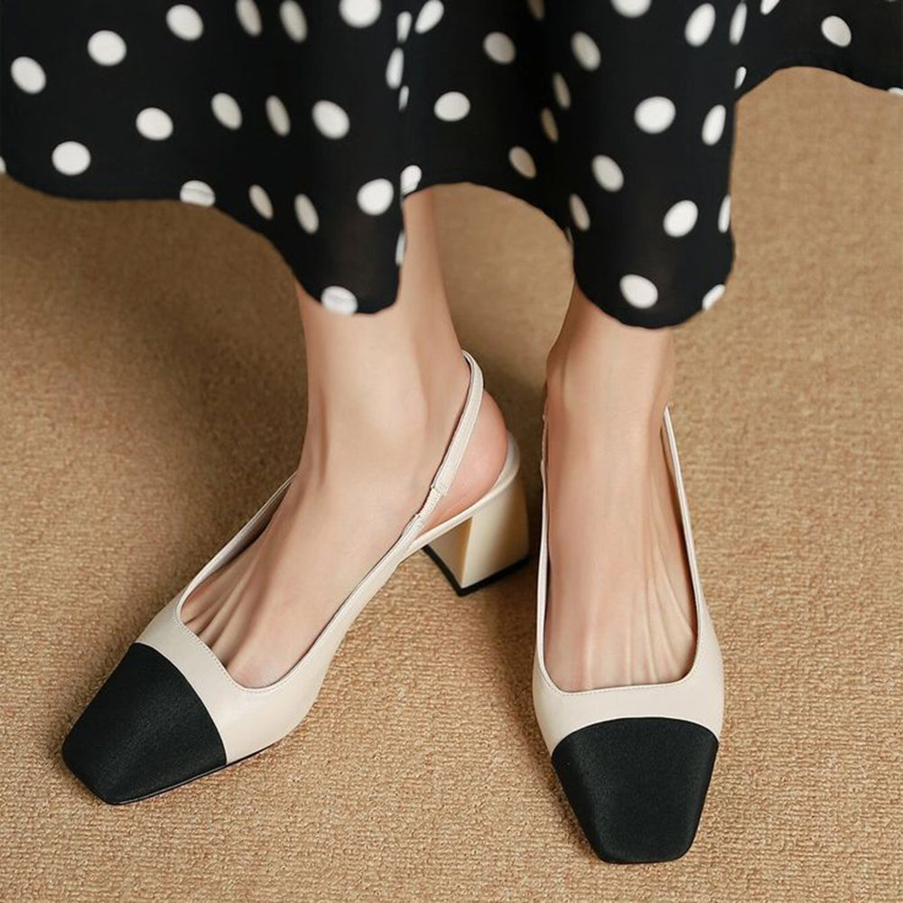 Beige & Black Square Toe Block Heel Slingback Pumps