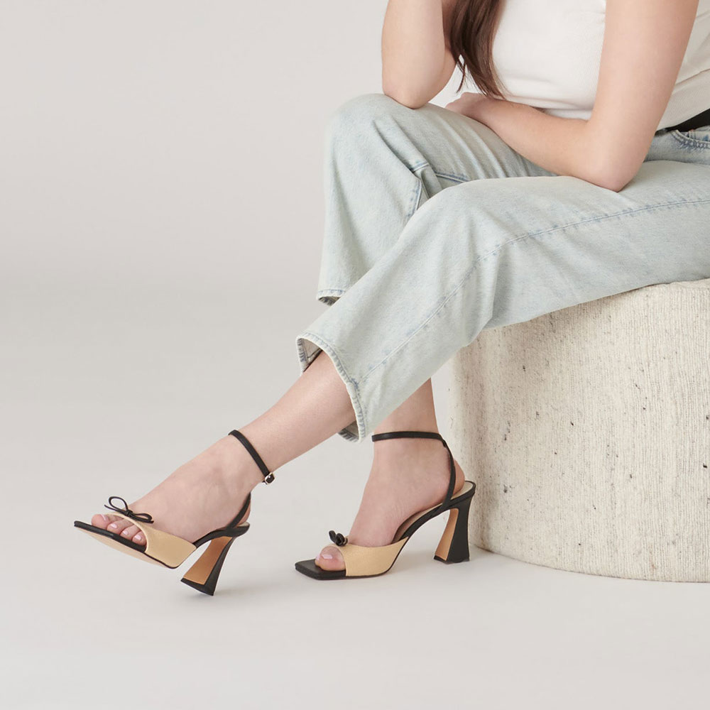 Beige & Black Open Square Toe Flared Heel Ankle Strap Women's Sandals