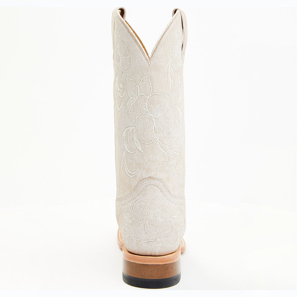 Beige Square Toe Floral Embroidered Cowgirl Boots with Chunky Heel