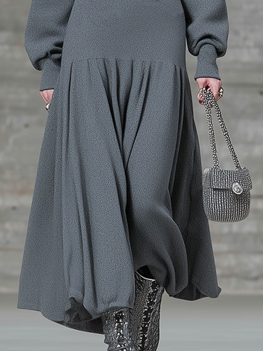 Fashion Loose Gray Safety Pin Hooded Zipper Midi Dress
