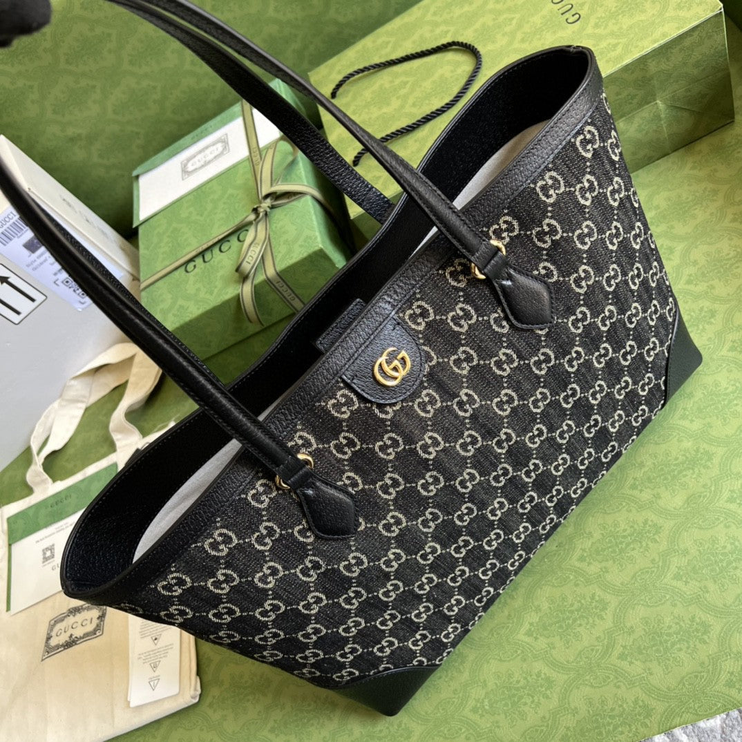 gg Ophidia Medium Tote With Web Black And Ivory gg Denim Jacquard For Women 15in/38cm 631685 UN3BG 1274