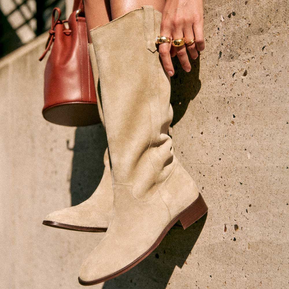 Beige Square Toe Chunky Heel Mid-Calf Cowgirl Boots with Side Loop