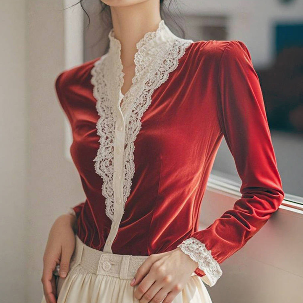 Elegant Velvet Lace Patchwork Stand Collar Button Long Sleeve Blouse