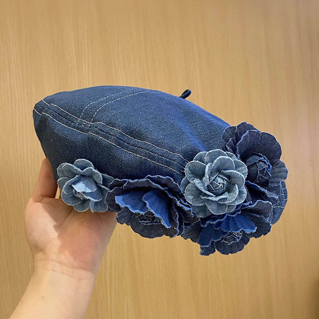 Fashion Color Block 3D Floral Denim Beret