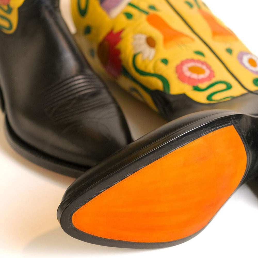 Embroidered Pointed Toe Black & Yellow Cowgirl Booties for Women