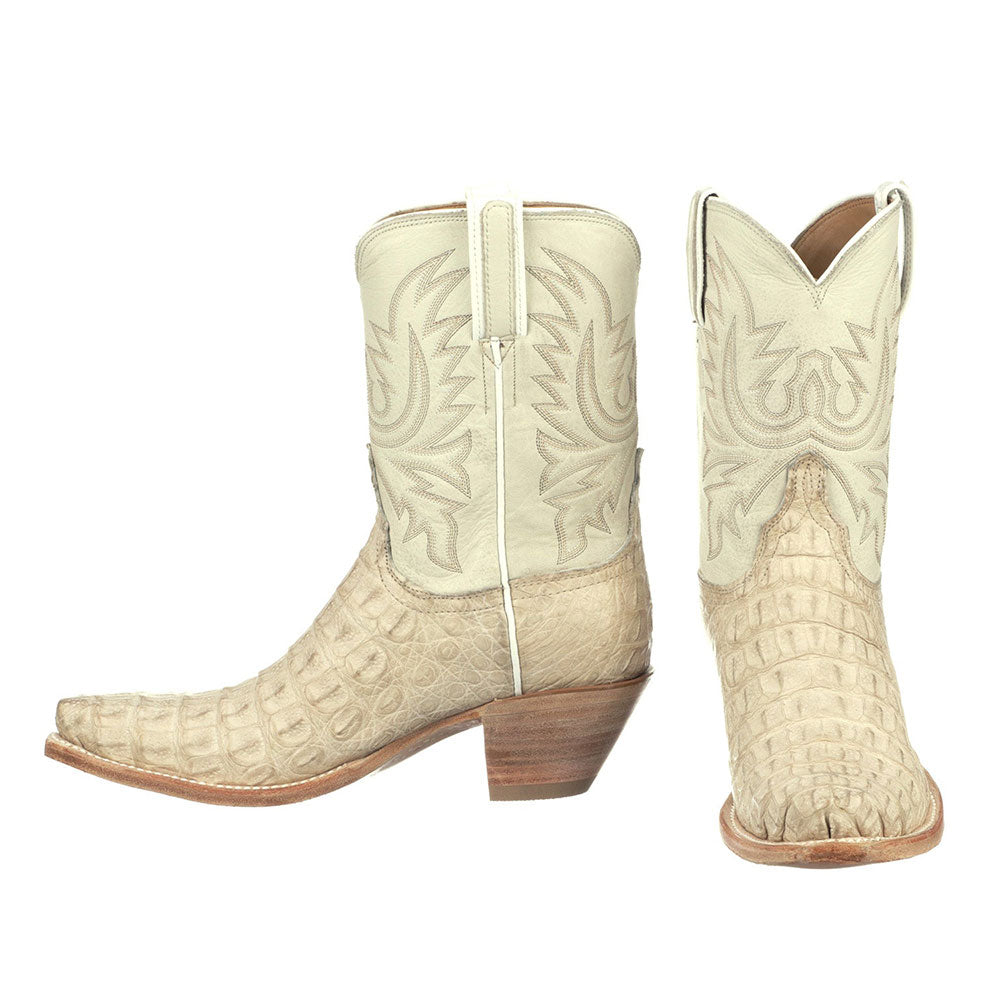 Beige Croco Embossed Pointed Toe Mid-Calf Embroidered Chunky Boots