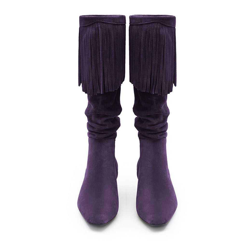 Dark Purple Vegan Suede Block Heel Slouch Square Toe Boots Women