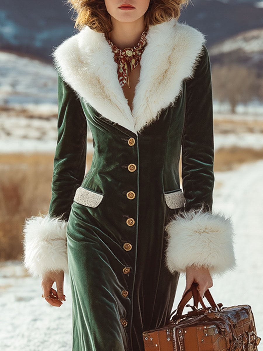Fashion Retro Dark Green Velvet Faux Fur Collar Ruffled Maxi Dress