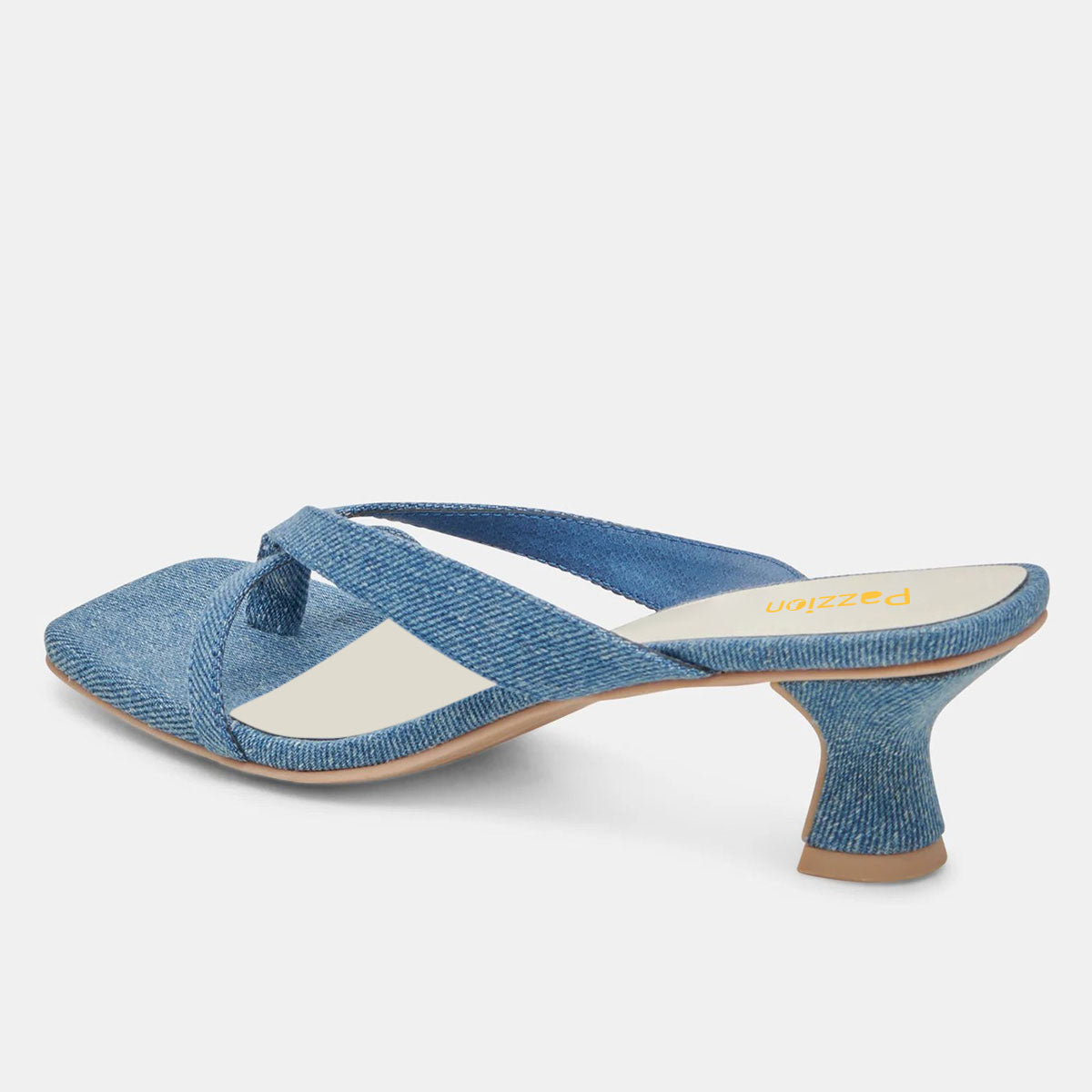 Denim Blue Square Toe Flared Mid Heel Flip Flops for Women