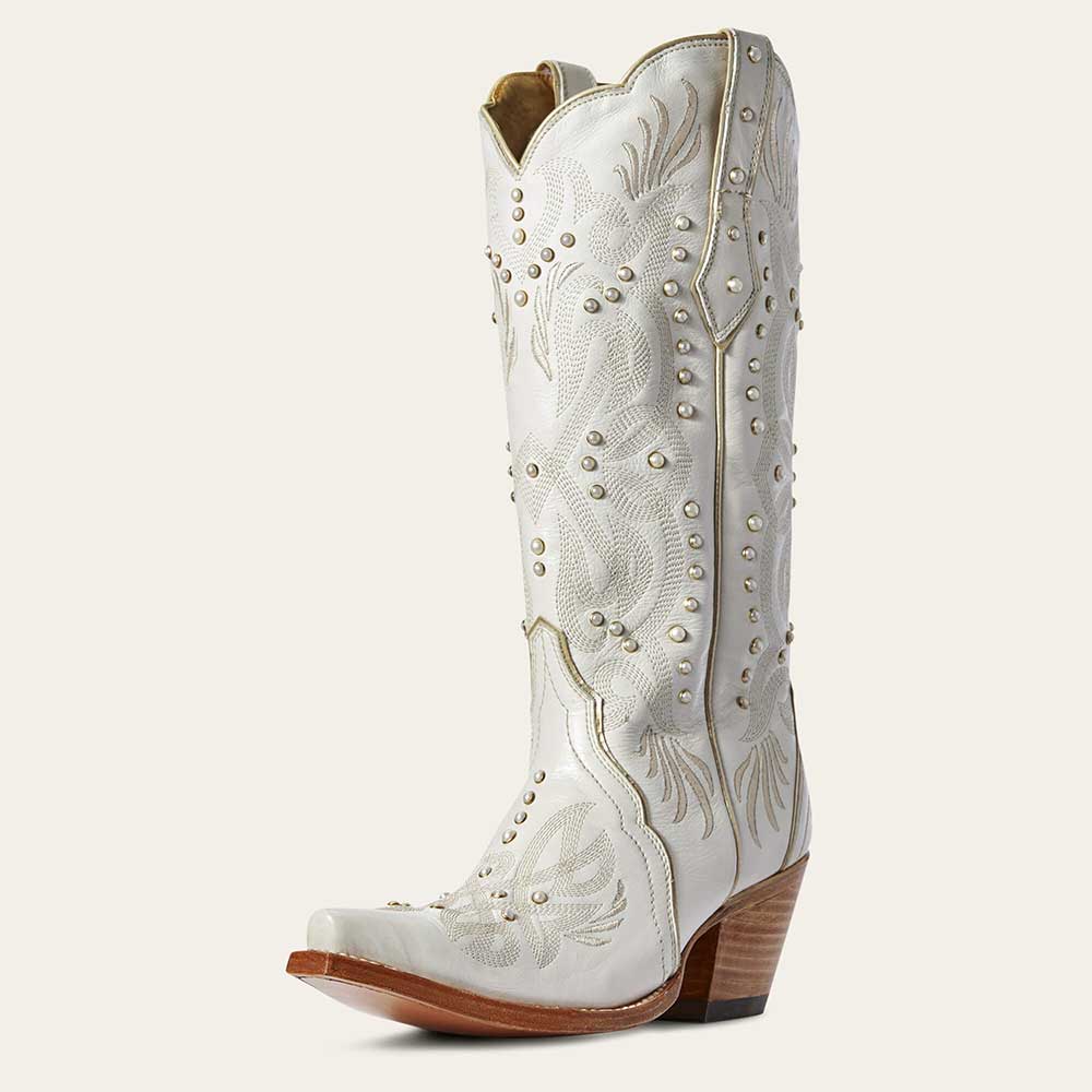 Elegant White Snip Toe Embroidered Mid-Calf Cowgirl Boots with Pearls