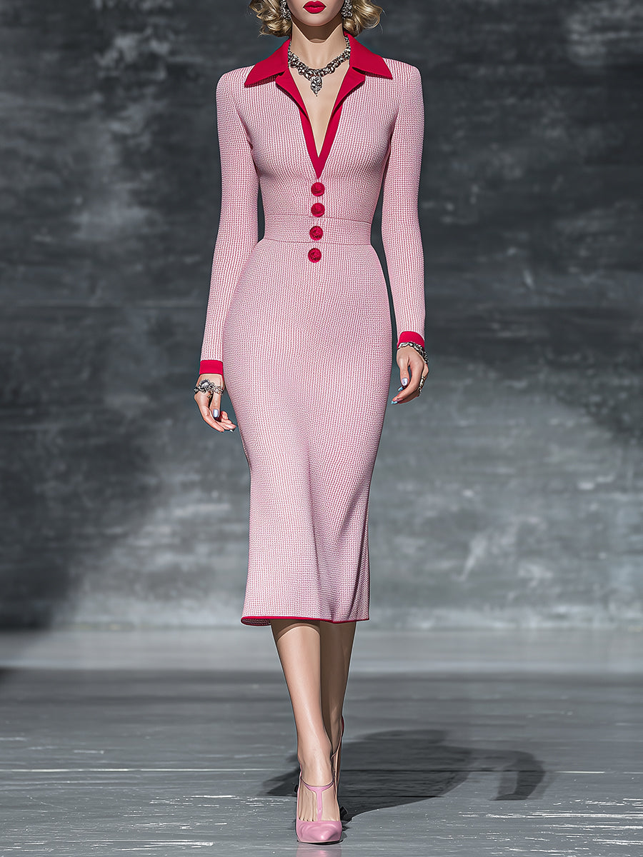Fashionable And Exquisite Contrast Lapel Red Hem Pink Waffle Midi Dress