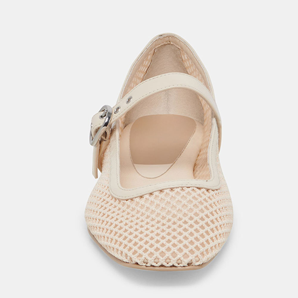 Beige Fishnet Square Toe Flat Buckle Strap Mary Jane Shoes for Women