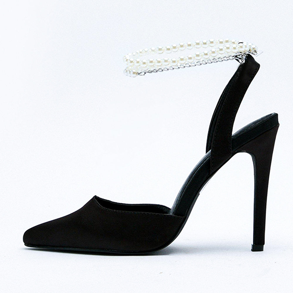 Elegant Satin Pointed Toe Pearl Ankle Strap Black Formal High Heels