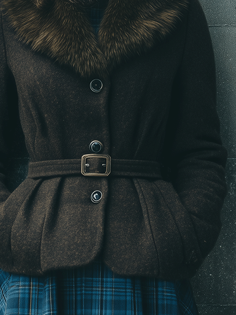 Elegant Wool Belted Coat With Faux Fur Collar