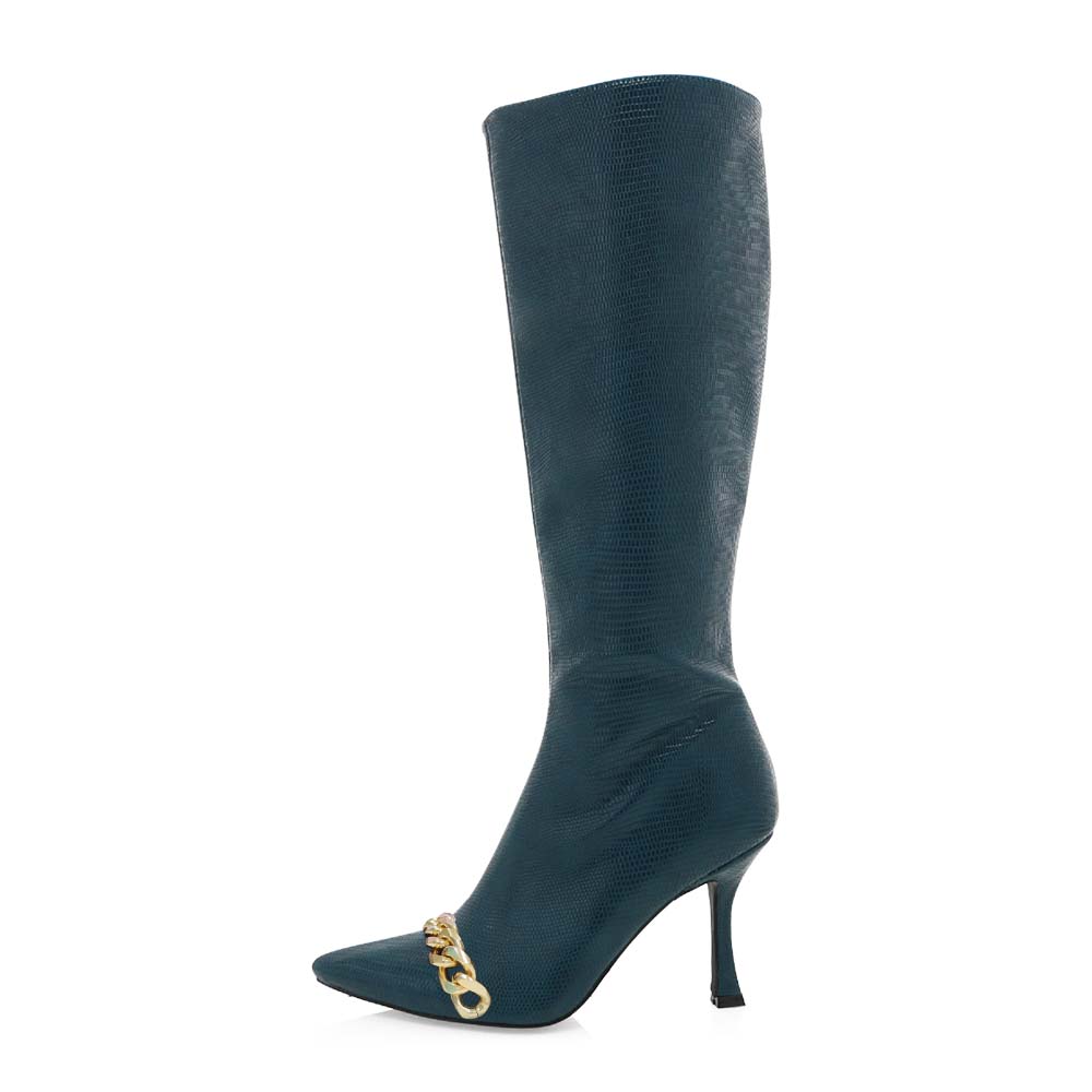 Dark Teal Lizard Embossed Pointed Toe Heeled Boots with Metal Chain