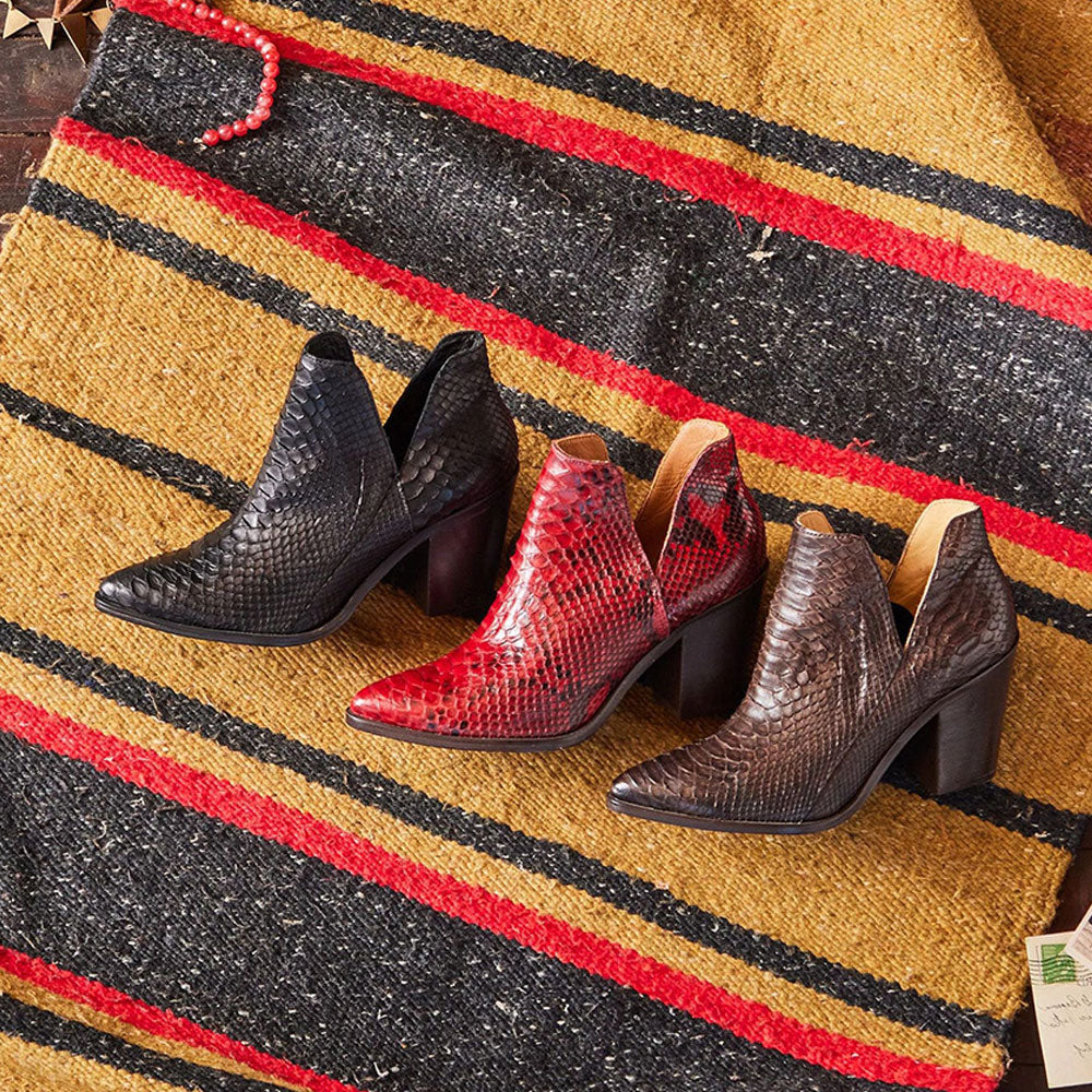 Deep-V Python Pattern Block Heel Chocolate Brown Pointed Toe Boots