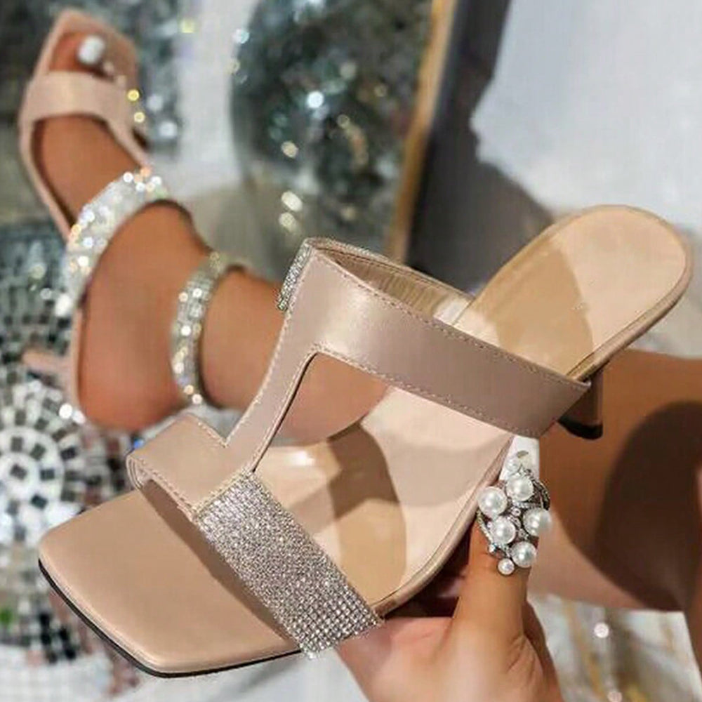 Beige Open Square-Toe Rhinestone Strap Asymmetrical Heeled Sandals