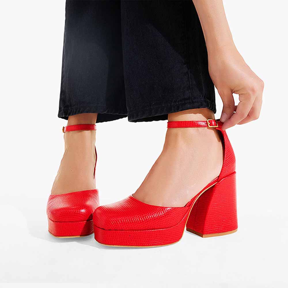 FSJ Red Square Toe Block Heel Platform Pumps for Women