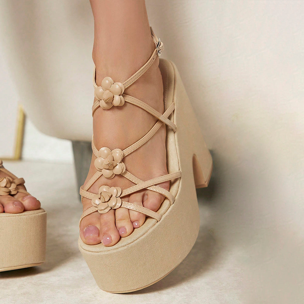Beige Open Toe Chunky Heel Strappy Platform Sandals