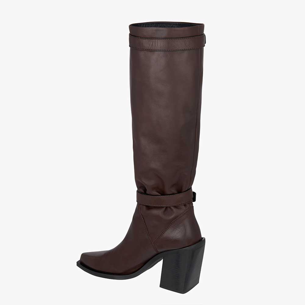 Dark Brown Vegan Leather Pointed Toe 3‘’ Chunky Heel Knee High Boots