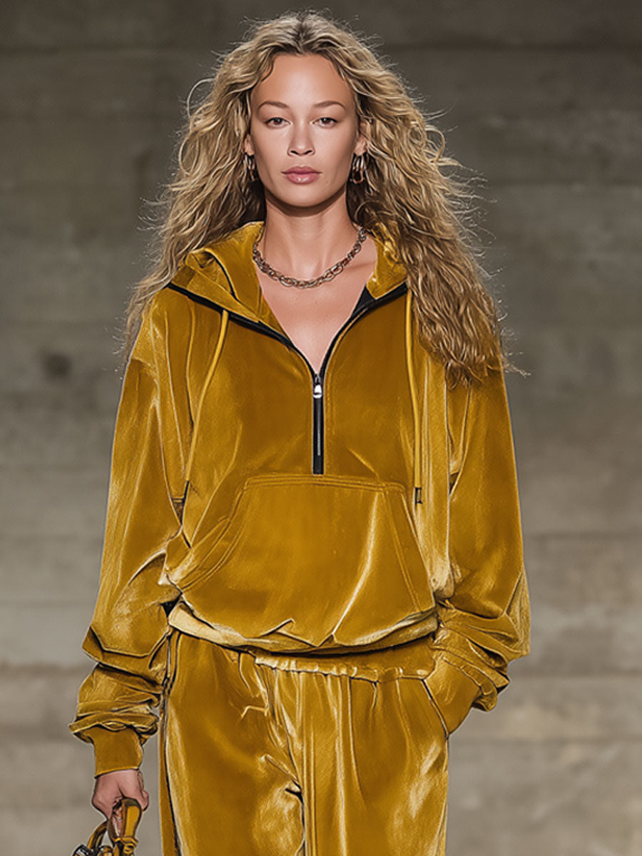 Fashion Retro Gold Velvet Hooded Sweatshirt Wide-Leg Pants Sports Set