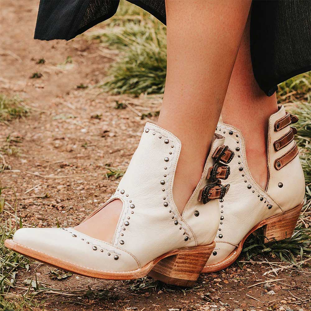 Beige Closed Toe Studded Hollow-Out Block Heel Side V Cut Ankle Boots