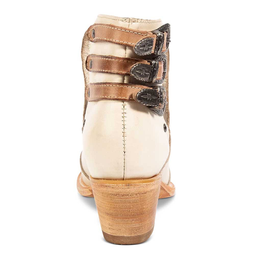Beige Closed Toe Studded Hollow-Out Block Heel Side V Cut Ankle Boots