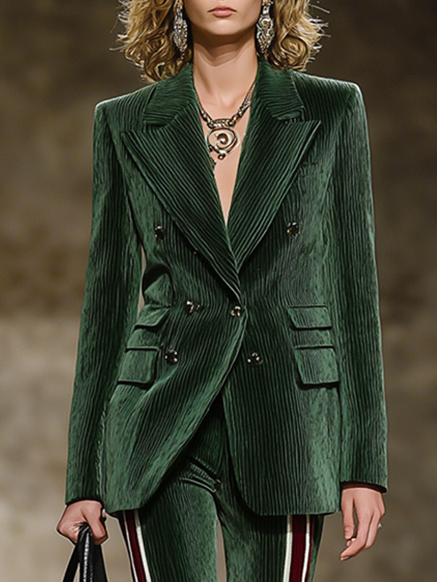 Fashion Retro Dark Green Corduroy Blazer Webbing Flared Pants Suit